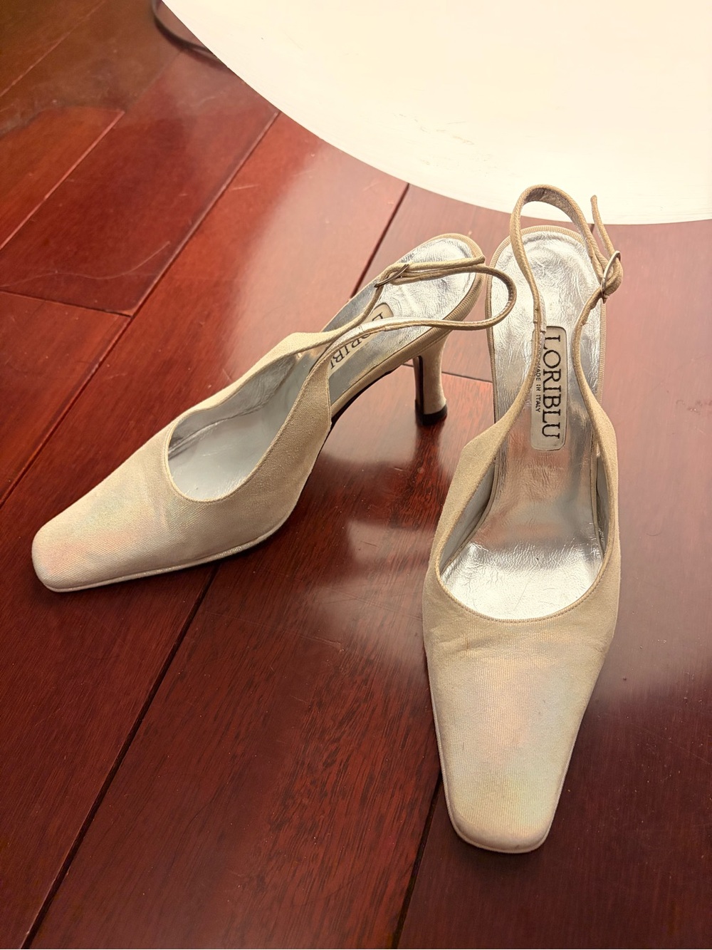 White holographic slingbacks